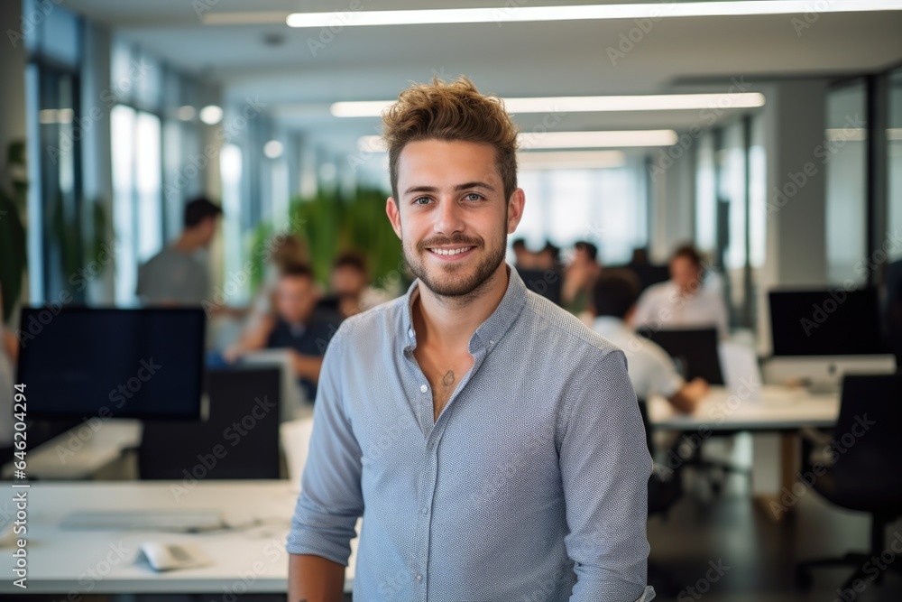 Smiling portrait of a happy young caucasian man working for a modern startup company in a business office Smiling portrait of a happy young caucasian man working for a modern startup company in a business office