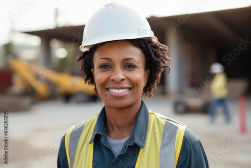 Smiling portrait of a happy female african american architect with a hard hat on a construction site