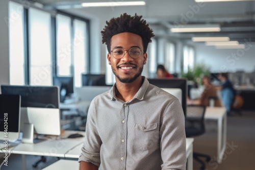 Smiling portrait of a happy young african american man working in a modern startup company in a business office