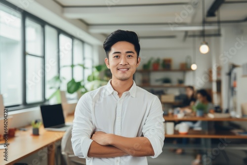 Smiling portrait of a happy young asian man working for a modern startup company in a business office