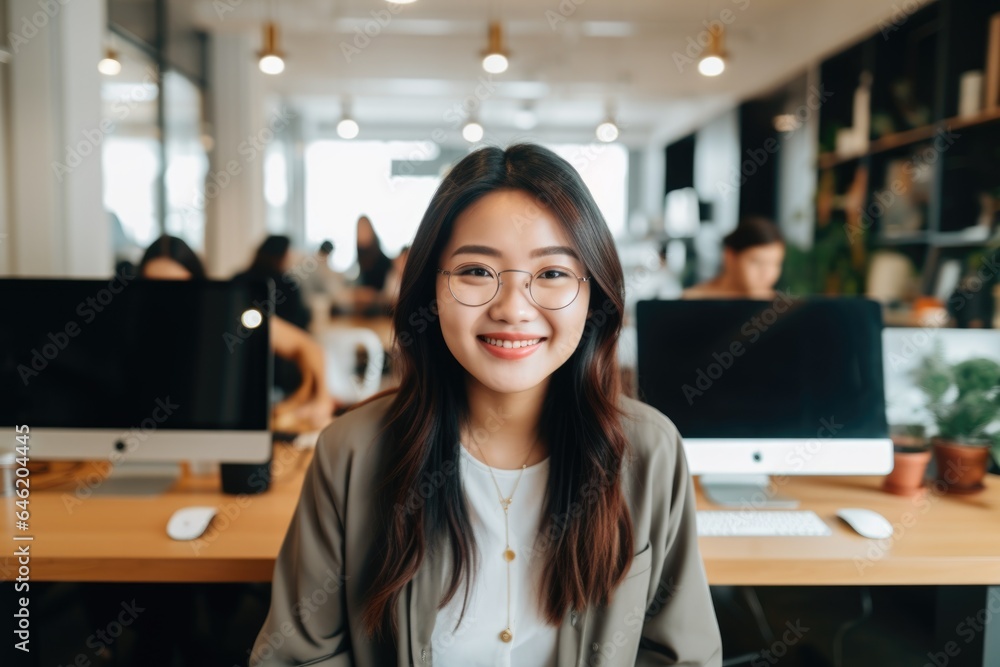 Smiling portrait of a happy young asian woman working for a modern startup company in a business office Smiling portrait of a happy young asian woman working for a modern startup company in a business office
