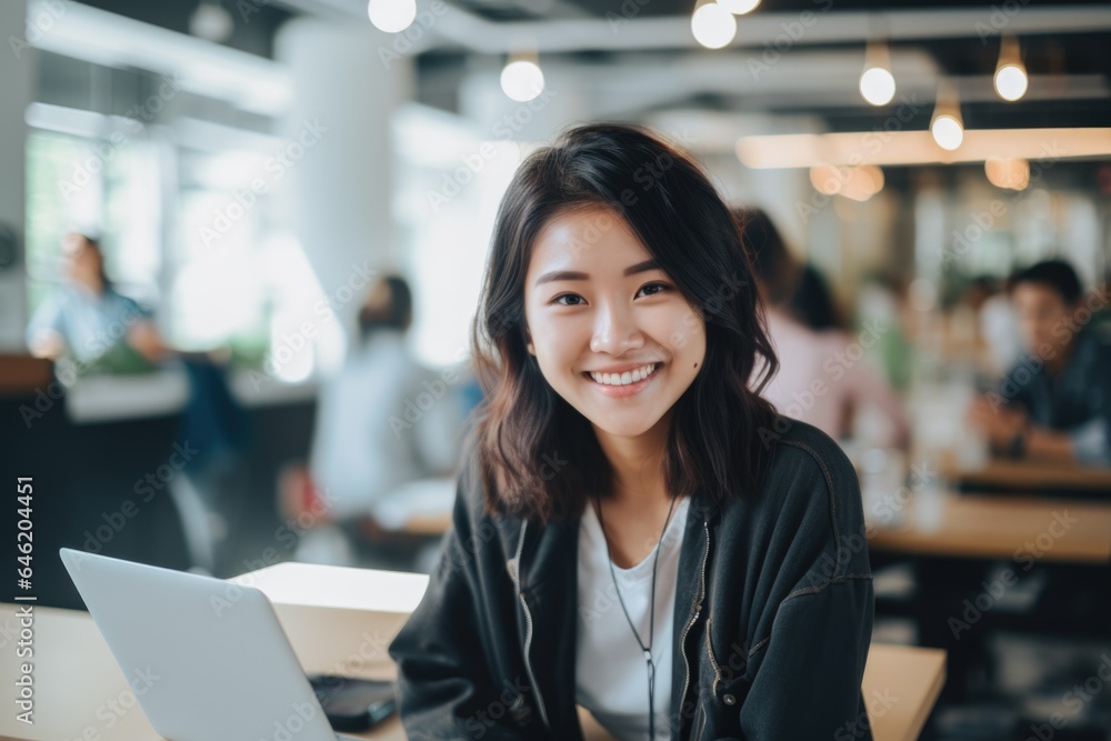 Smiling portrait of a happy young asian woman working for a modern startup company in a business office Smiling portrait of a happy young asian woman working for a modern startup company in a business office