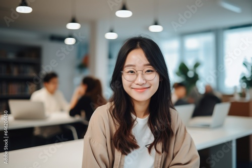 Smiling portrait of a happy young asian woman working for a modern startup company in a business office © NikoG
