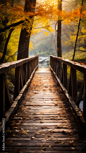 A pathway covered in leaves, leading to a rustic wooden bridge. © Kosal