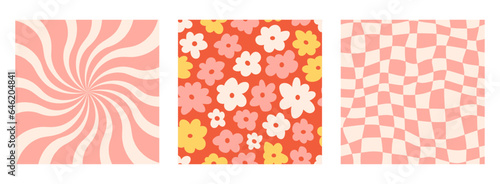 Groovy background set. 1970 daisy flowers, trippy grid geometric backgrounds. Set in red colors. Psychedelic abstract vector Illustration. Seventies style flat design, hippie retro aesthetic. 