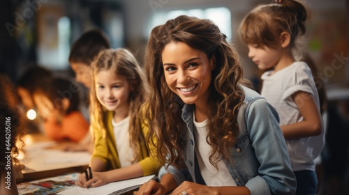The blond-haired female teacher was smiling and cheerful, intent on teaching a group of students in the classroom.