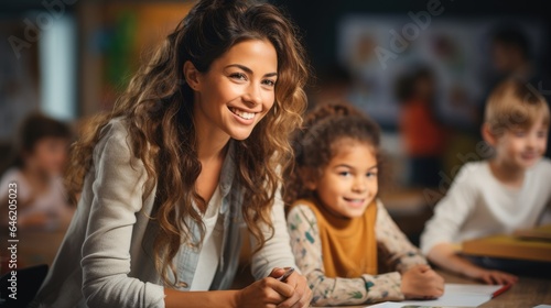 The blond-haired female teacher was smiling and cheerful, intent on teaching a group of students in the classroom.