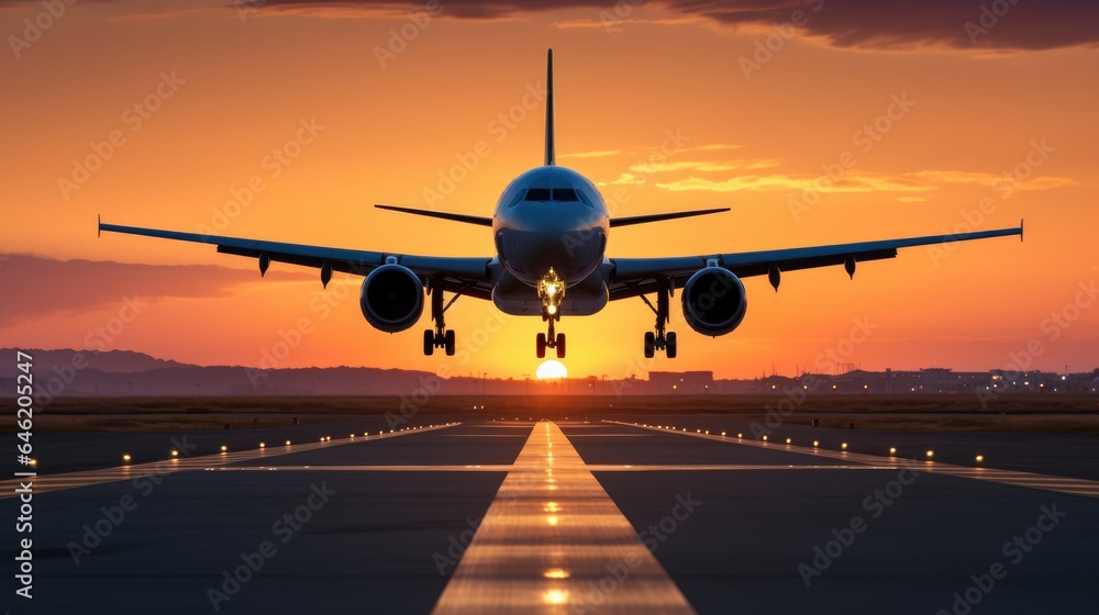 A large jetliner taking off from an airport runway at sunset or dawn with the landing gear down and the landing gear down, as the plane is about to take off. - obrazy, fototapety, plakaty 