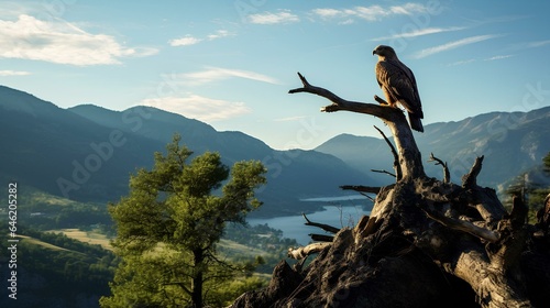 An eagle perched on a tree branch at the edge of a mountain