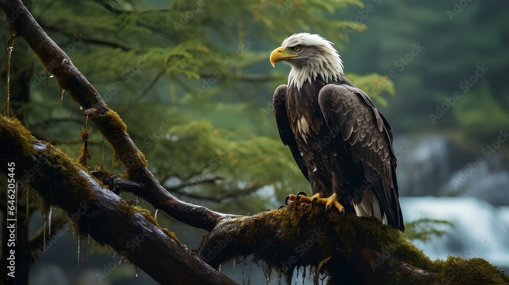 An eagle perched on a tree branch by a waterfall An eagle perched on a tree branch by a waterfall
