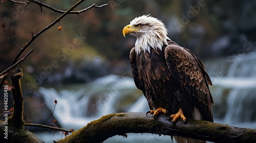 An eagle perched on a tree branch by a waterfall