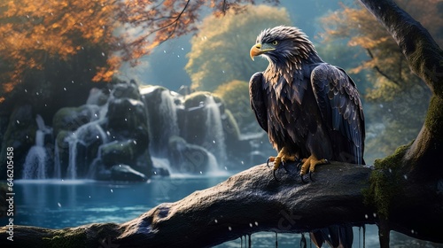 An eagle perched on a tree branch by a waterfall