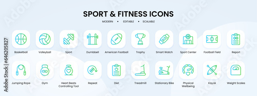 Sport and fitness icon collection with blue and green gradient outline style. sport, fitness, health, gym, diet, exercise, weight. Vector illustration