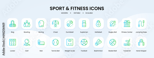 Sport and fitness icon collection with blue and green gradient outline style. sport, fitness, health, gym, diet, exercise, weight. Vector illustration