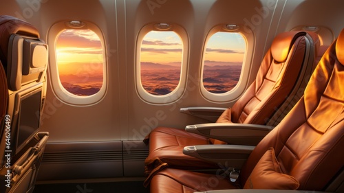 Luxury seats on the plane with a spectacular sunset view, leather finish