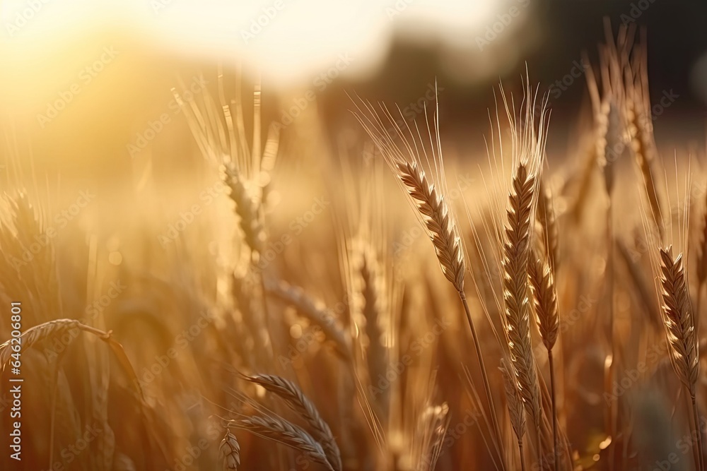 Golden harvest. Wheat field under summer sun. Nature bounty. Ripe wheat crop in countryside. Sunset over fields. Rural farming landscape