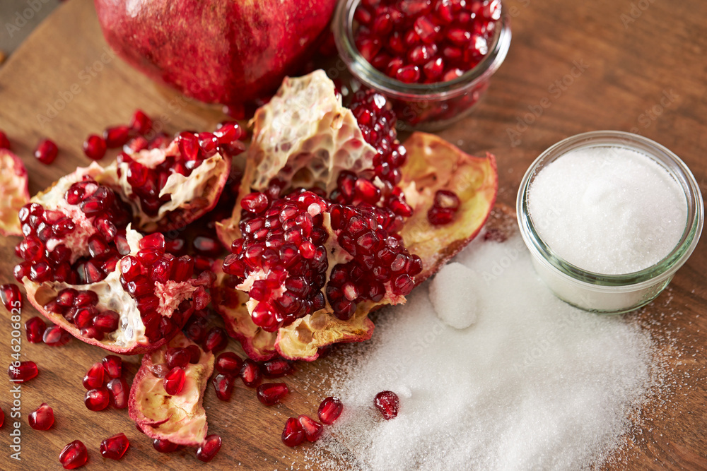 Pomegranate seeds mixed with sugar Pomegranate seeds mixed with sugar