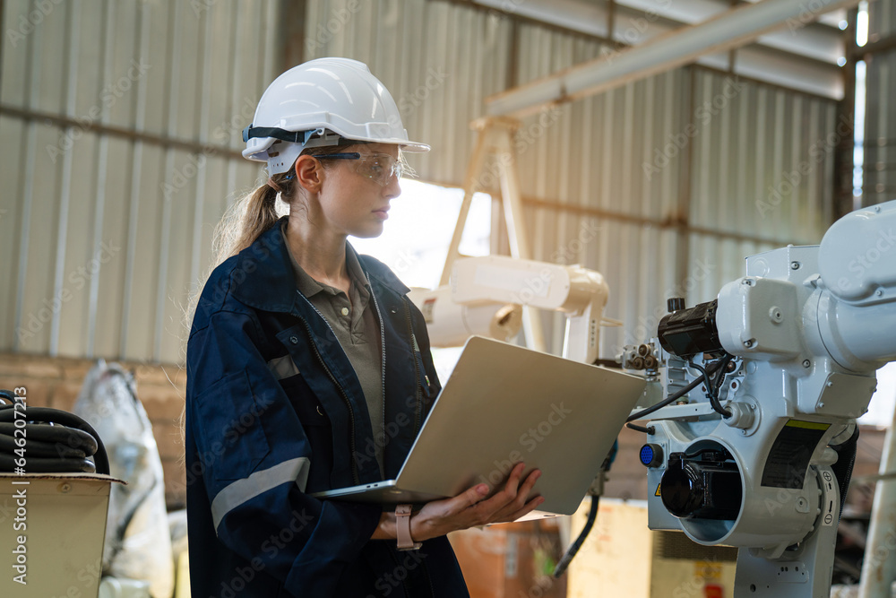 Engineers women using laptop checking and repair pressing metal machine at factory, Machine maintenance technician operation concept. Engineers women using laptop checking and repair pressing metal machine at factory, Machine maintenance technician operation concept.