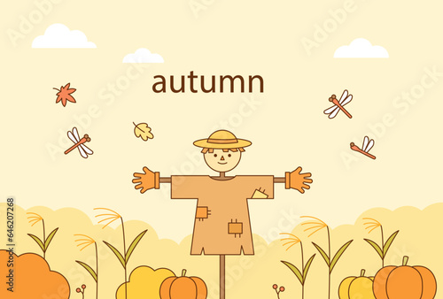 A scarecrow in a rural pumpkin patch and dragonflies in the autumn sky.