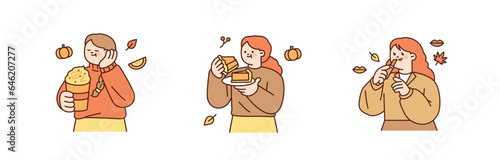 all food and desserts. People holding drinks, cakes and pies. And a woman wearing fall-colored makeup.