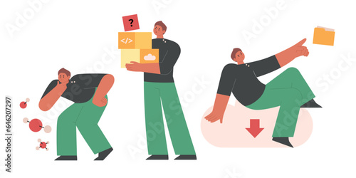 A business man is observing something. Many boxes are piling up in his hands. He is sitting on a cloud of data.