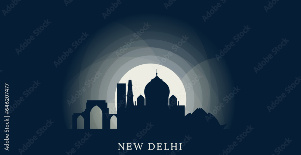 India New Delhi city cityscape skyline panorama vector flat modern banner illustration. Asian region emblem idea with landmarks and building silhouettes at sunrise sunset night