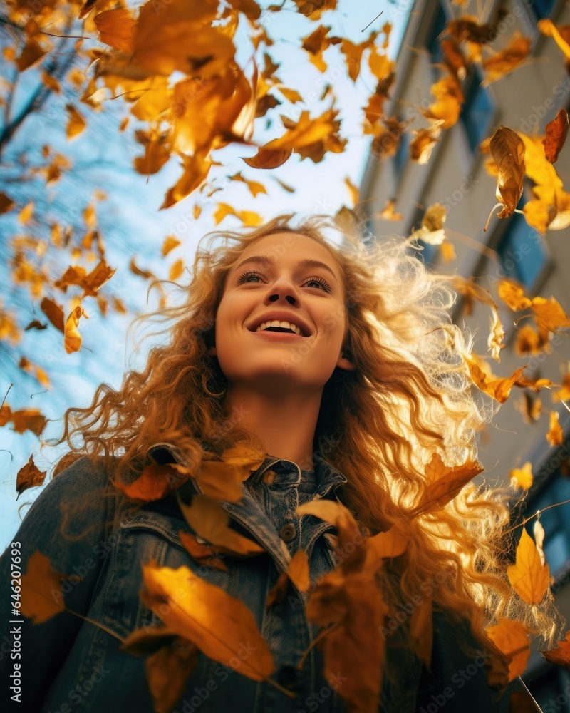 flying autumn leaves .low angle photo, young 20 years old woman, vibrant flying autumn leaves .low angle photo, young 20 years old woman, vibrant