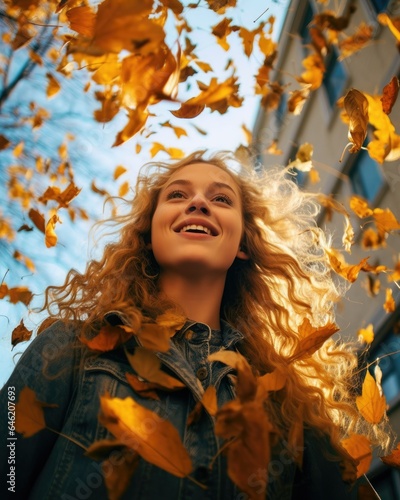 flying autumn leaves .low angle photo, young 20 years old woman, vibrant