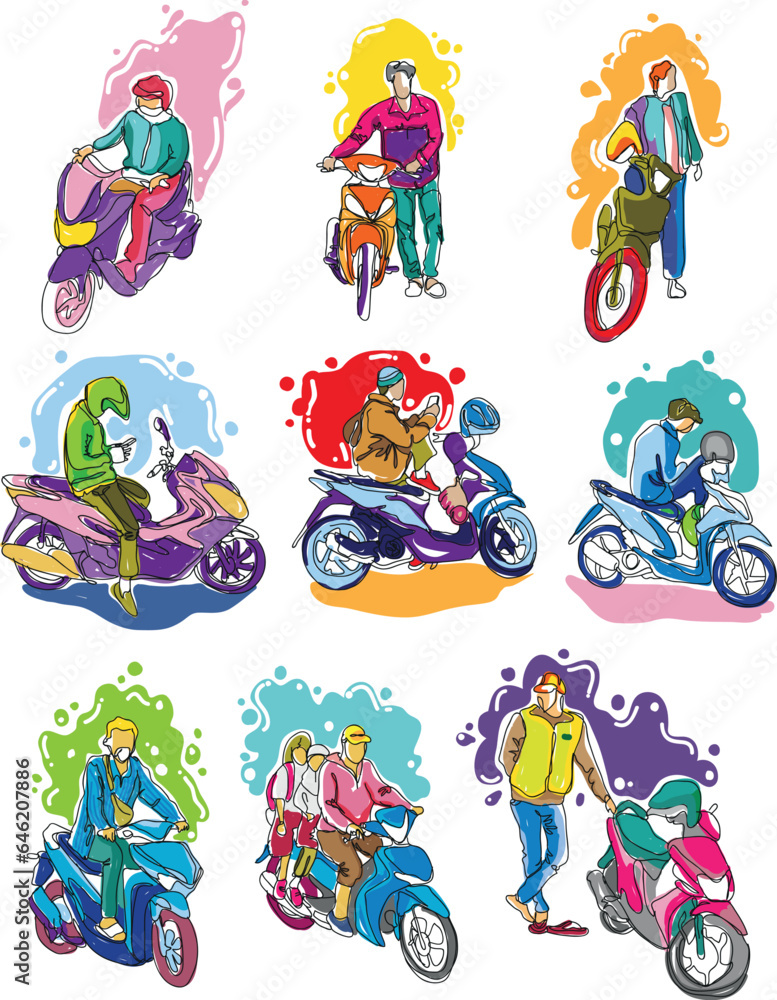 Vector of different pose references people with motorcycle