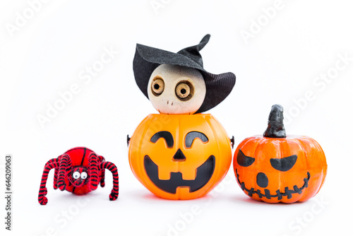 Halloween decoration item isolate on white background, Halloween background, cute little witch with funny pumpkin and wool spider on white background