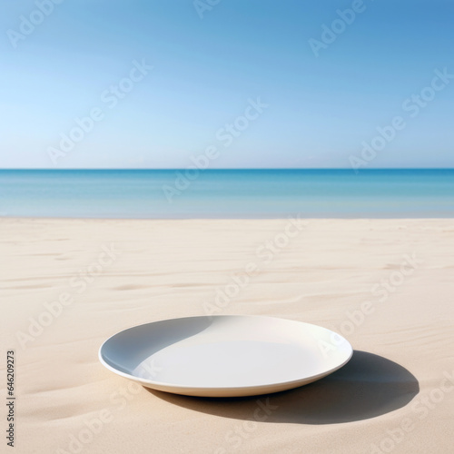 Empty white plate on sandy beach with blue sea and sky in background. High quality photo