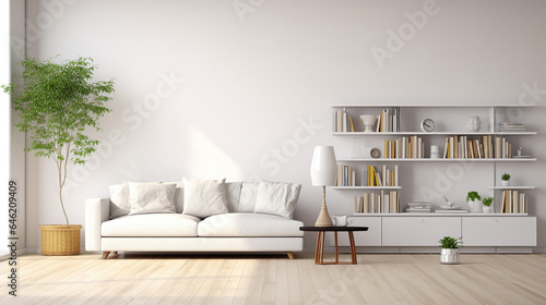 Bright living room interior with white empty wall. 3d Interior design. Generative AI