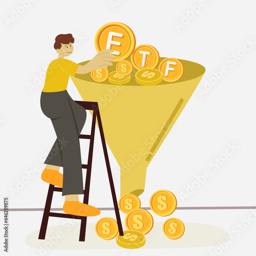 Man climbing a ladder with the text "ETF" in a cone (Exchange Traded Fund). Concept of entering a cryptocurrency fund.