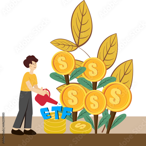 A man watering a flowering plant is a dollar coin,  text "ETF" on it  (Exchange Traded Fund)The concept of entering a cryptocurrency fund.