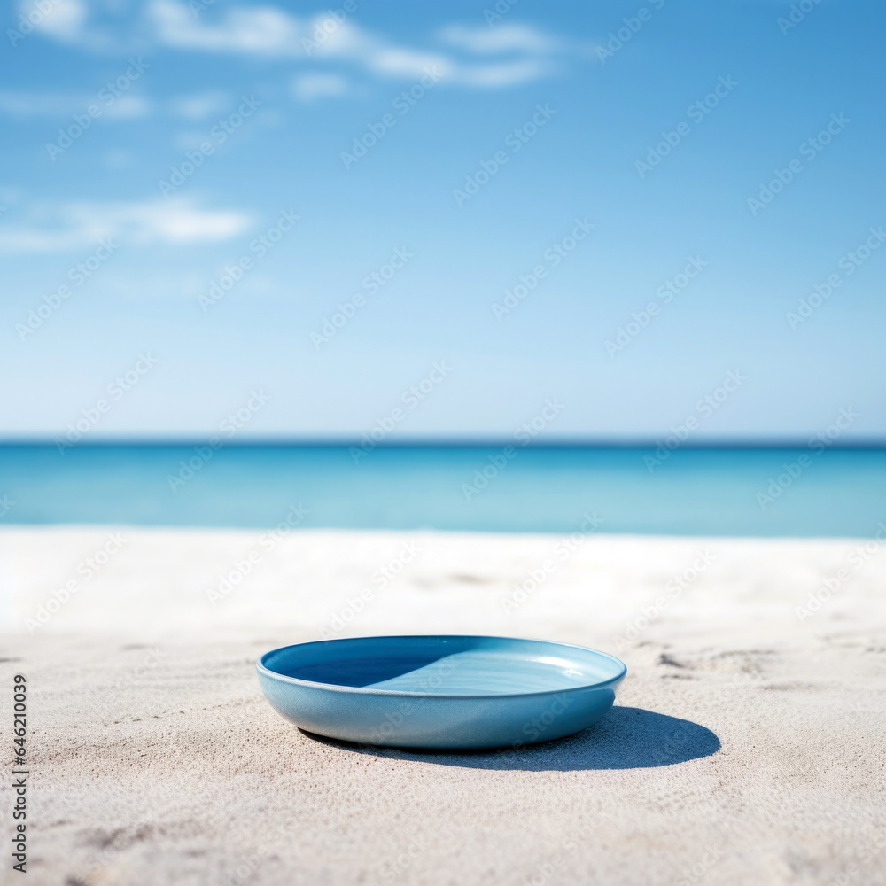 Empty blue bowl on white sand beach with sea and blue sky background. High quality photo Empty blue bowl on white sand beach with sea and blue sky background. High quality photo