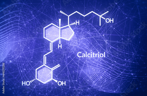 Calcitriol, chemical structure and skeletal formula. The active form of vitamin D, made in the kidney, also a medication for the treatment of low blood calcium.