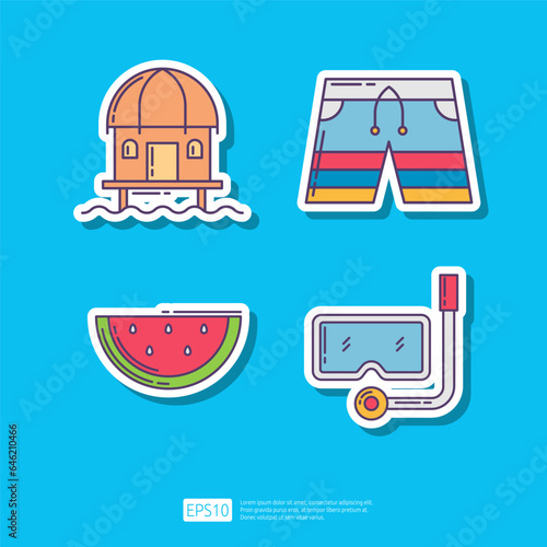 Beach Cottage House, Swimming Trunks Sport Shorts, Watermelon Vegetable and Fruit, Snorkeling Mask. Summer Vacation Sticker Icon Vector Illustration set