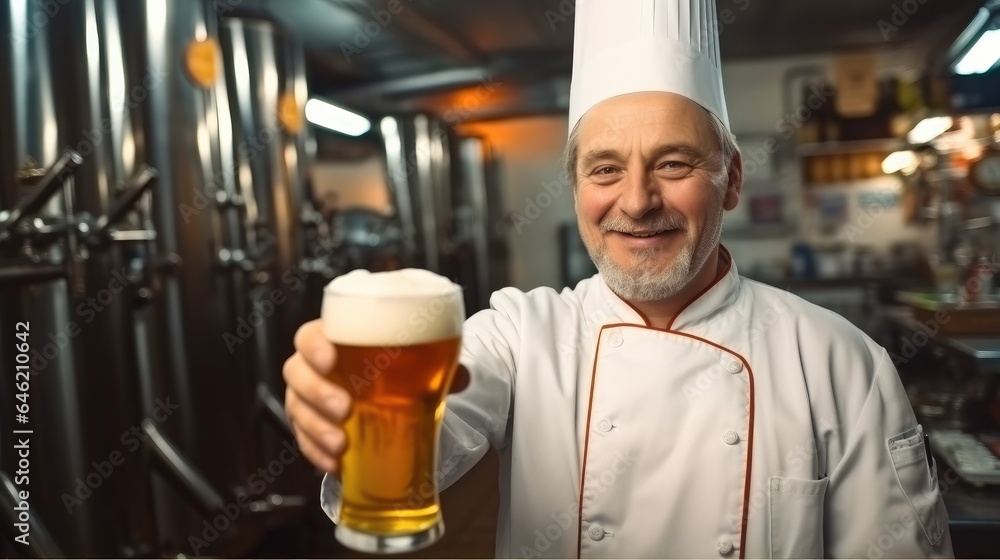 Man in chef uniform control quality of beer with foam in glass at at brewery factory.