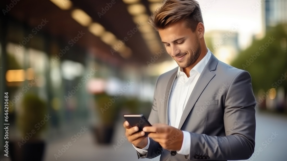Businessman holding mobile smartphone using app texting sms message at area outside the office. Businessman holding mobile smartphone using app texting sms message at area outside the office.