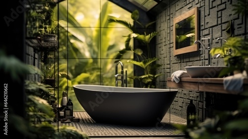 Modern bright bathroom and a variety of green plants of deep forest style.
