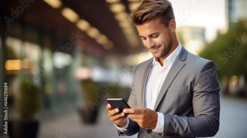 Businessman holding mobile smartphone using app texting sms message at area outside the office.