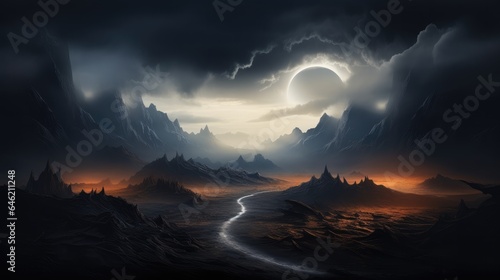 Fantasy art of a beautiful black sand desert and mountain with ominous storm clouds. © visoot