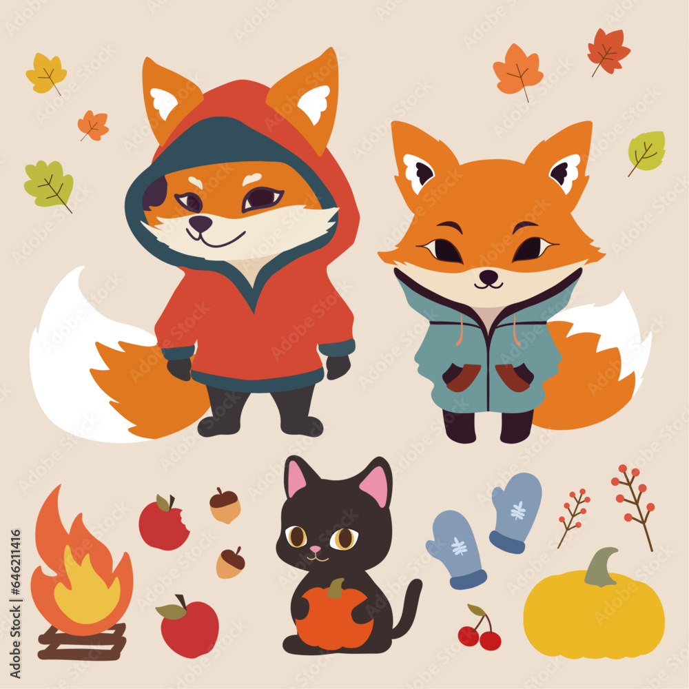 An adorable illustration of two foxes for autumn season decoration, Thanksgiving Day