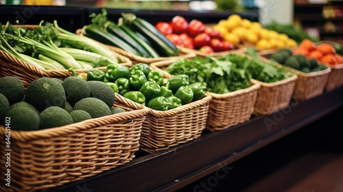 Fresh colorful vegetables in basket with plants on shelf in supermarket at shopping mall.