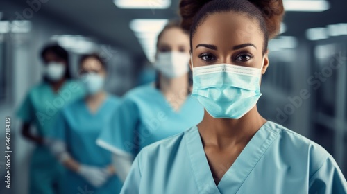 Confident multinational nurse in front of her medical team looks at camera in face mask.