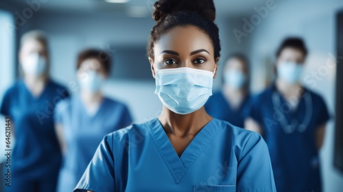 Confident multinational nurse in front of her medical team looks at camera in face mask.