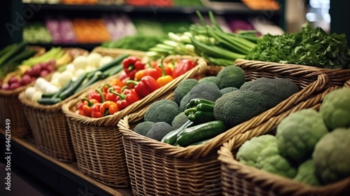 Fresh colorful vegetables in basket with plants on shelf in supermarket at shopping mall.