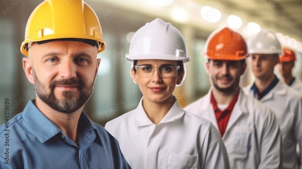 Group of factory workers at work in industry factory. Group of factory workers at work in industry factory.