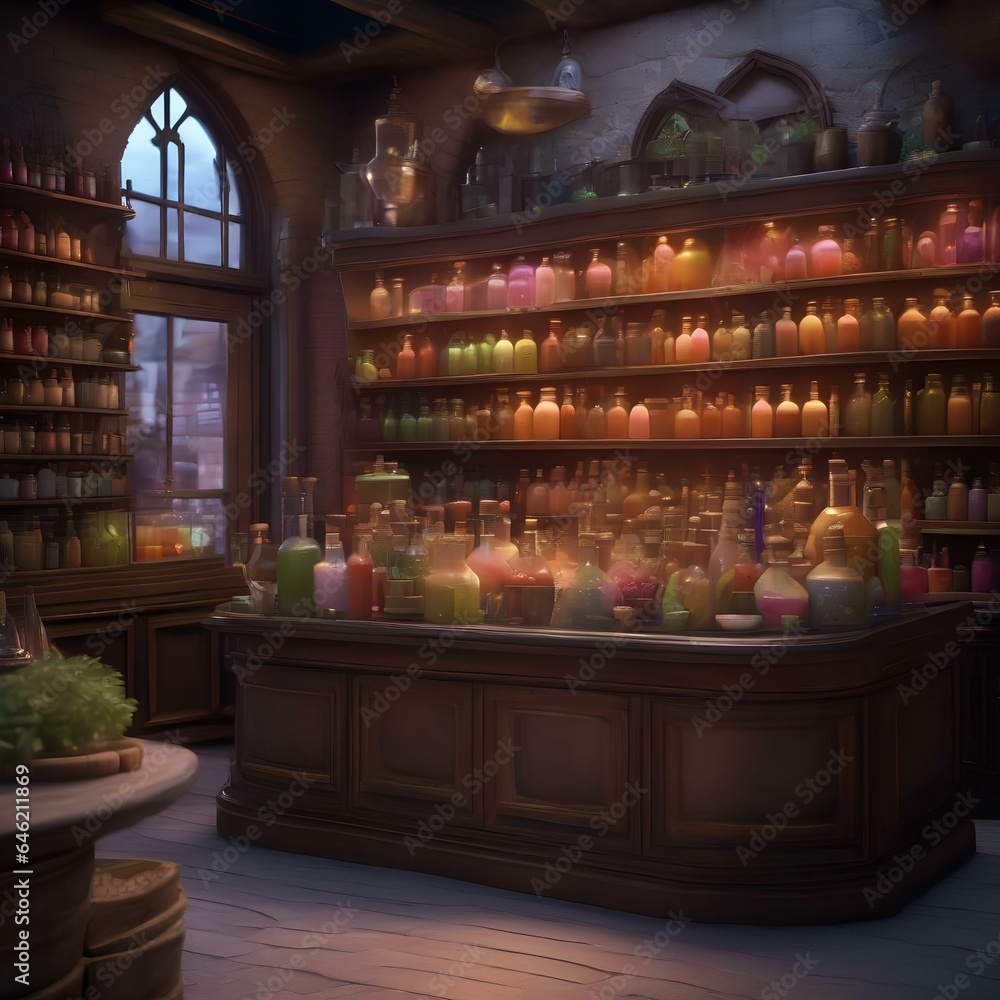 A mystical potion shop with shelves lined with bubbling, glowing concoctions made of edible ingredients1
