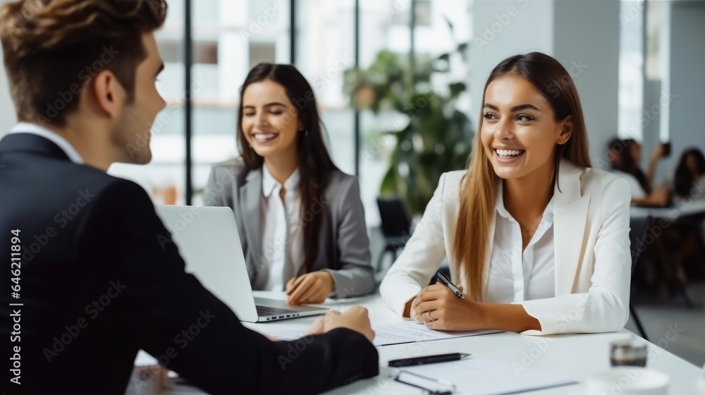 HR workers hiring candidates are making employment deals, Signing work contract after successful job interview. HR workers hiring candidates are making employment deals, Signing work contract after successful job interview.